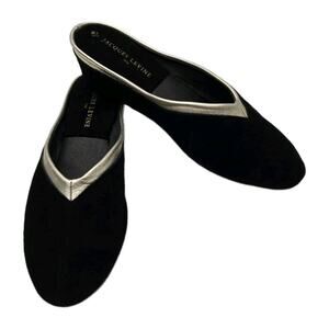 Jacques Levine Leisure Loungers Slippers Black Suede Gold Leather Trim Size 6 AA